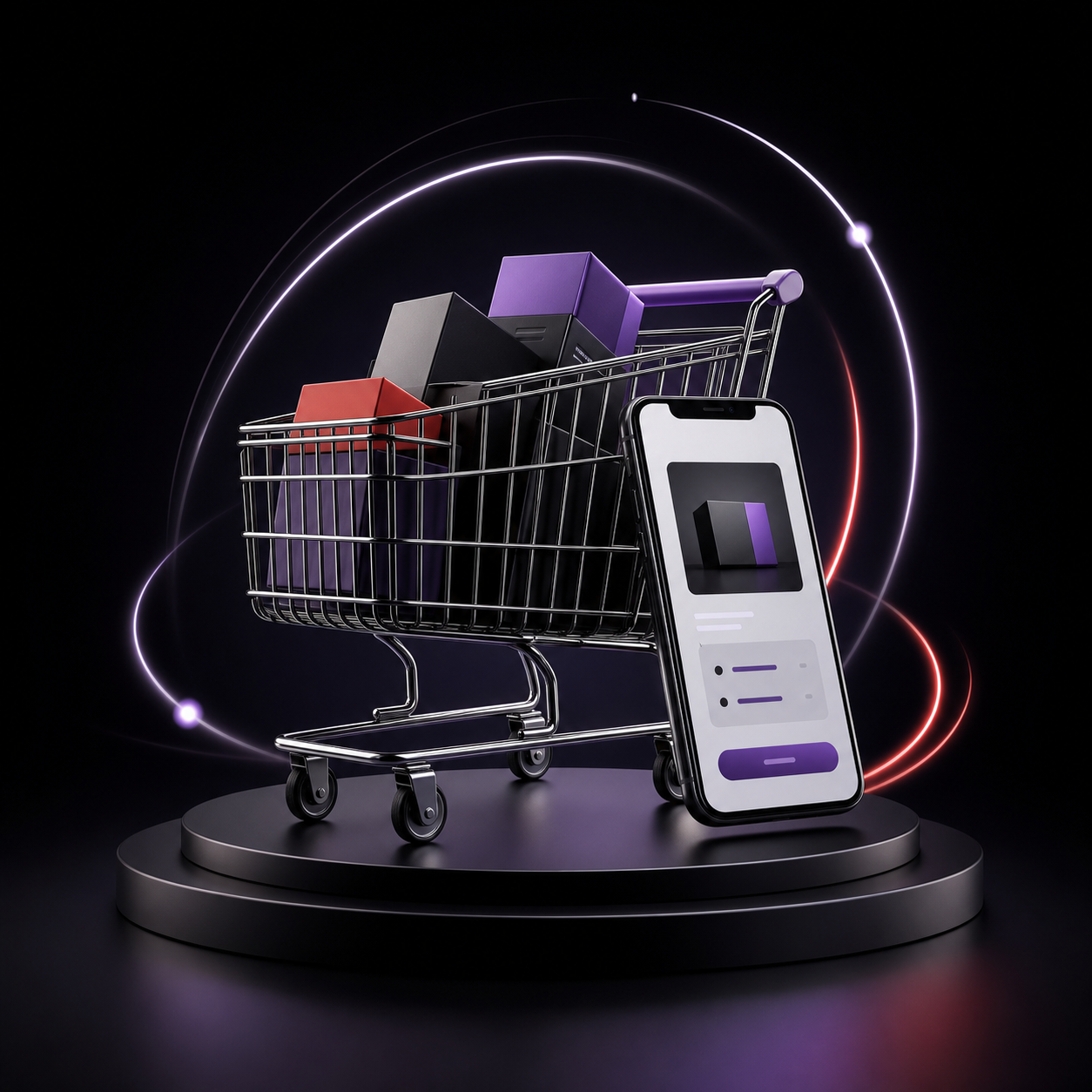 Premium e-commerce campaign visual with a shopping cart and checkout phone