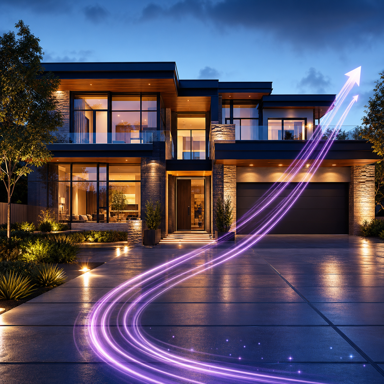 Luxury real estate marketing visual with growth light trails